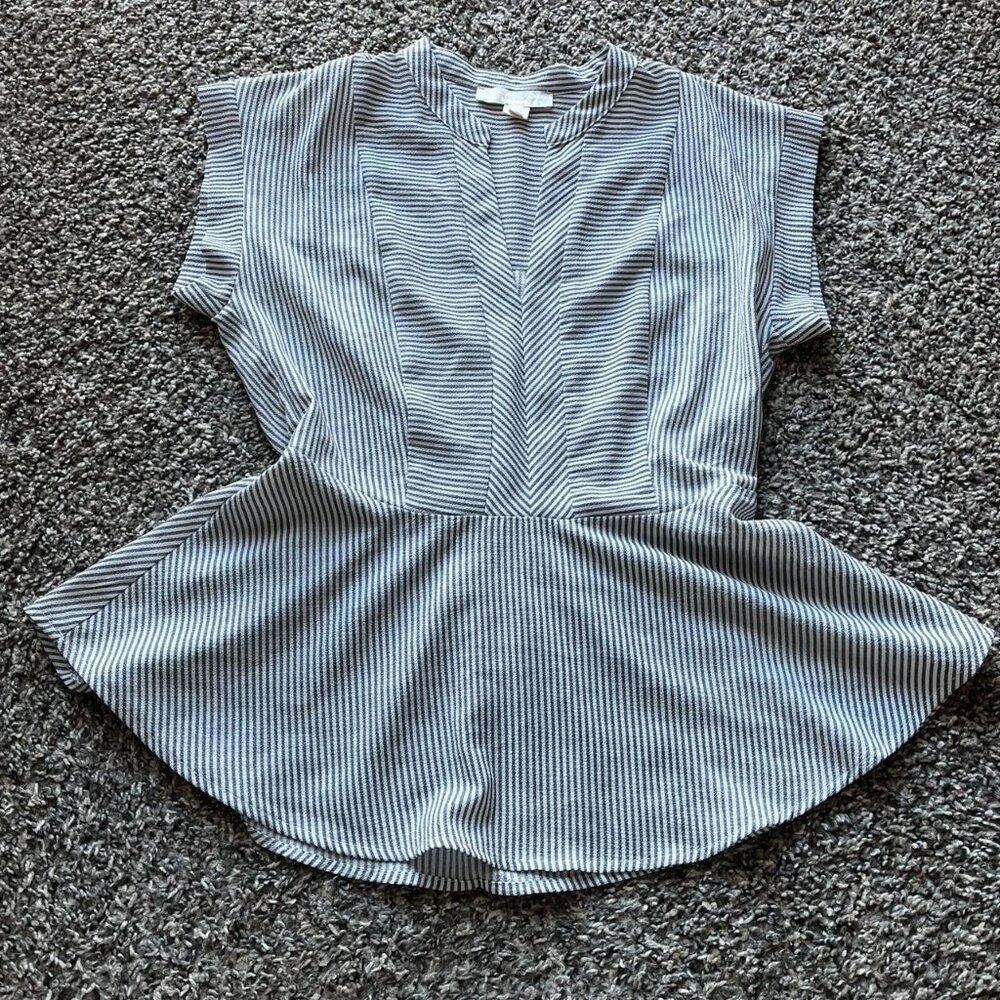 Monteau LA Blouse White Blue Women L Striped Summer Babydoll Feminine Going Out - Picture 1 of 7